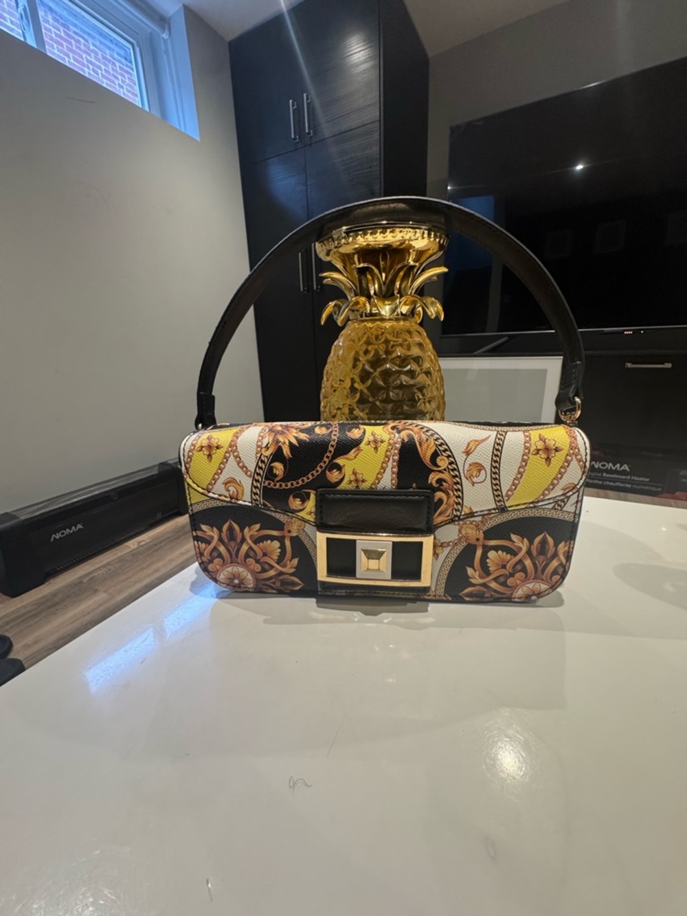 Aldo Black, Yellow & Cream Baroque-Print Shoulder Bag